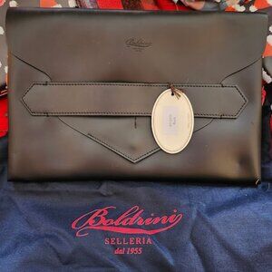 NWT BOLDRINI Selleria Black Leather Flap Closure Slim Clutch made in Italy